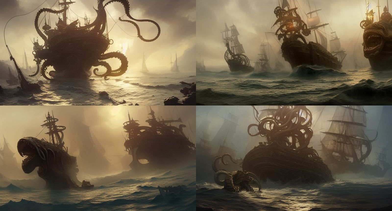 Kraken Attacks Pirate Ship in Ornate Fantasy Style