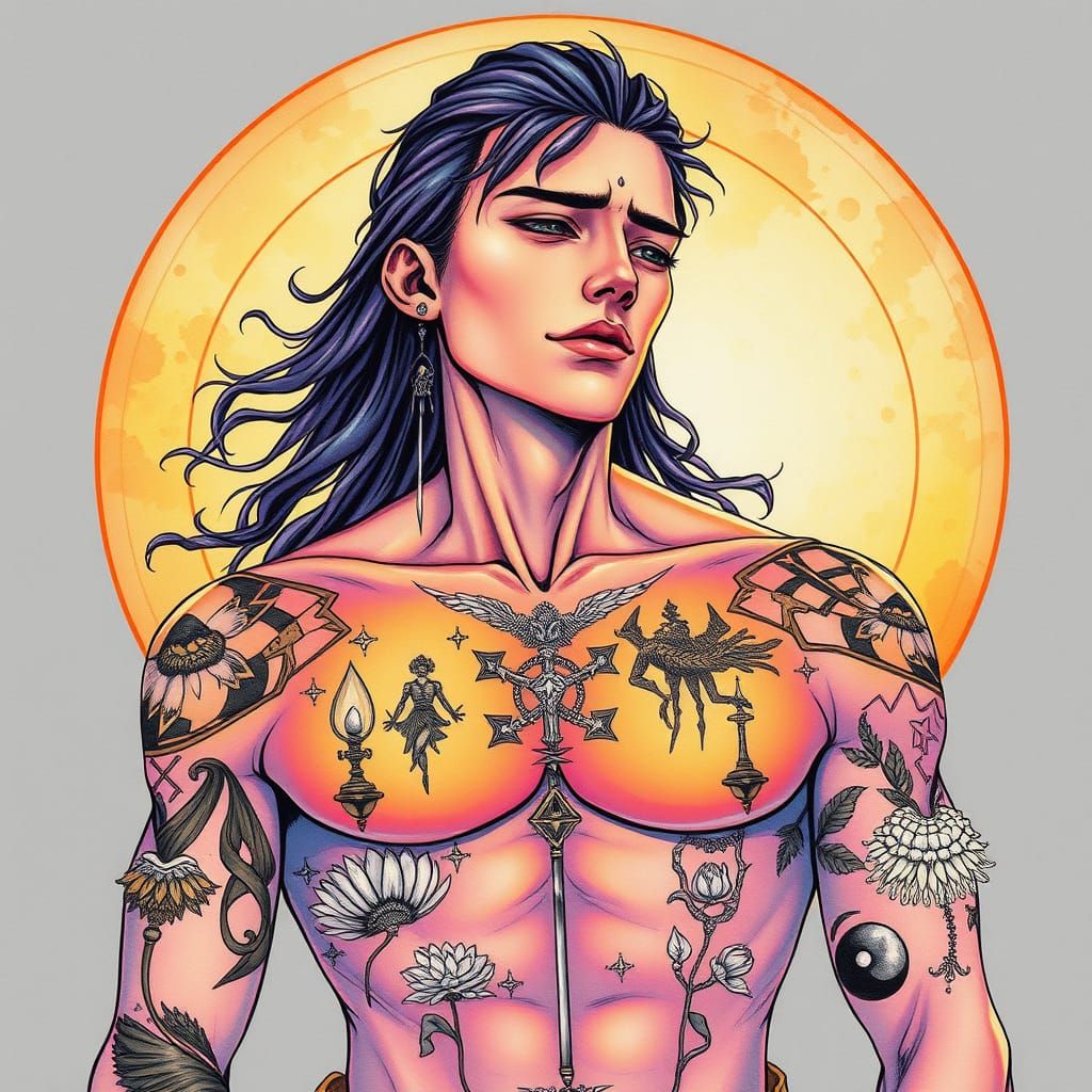 Surreal Anime Character with Alchemical Tattoos
