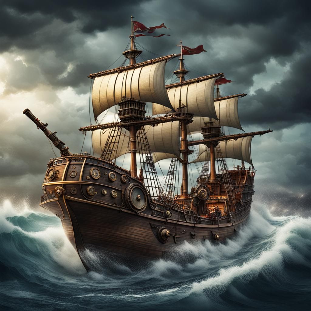 Steampunk Caravel Navigating Stormy Seas