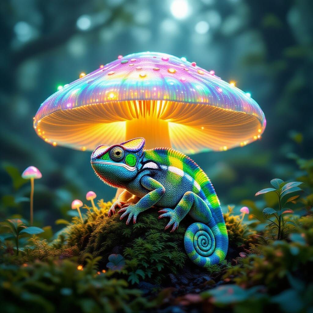 A bioluminescent chameleon perched atop a gigantic, otherworldly mushroom in a hidden grove