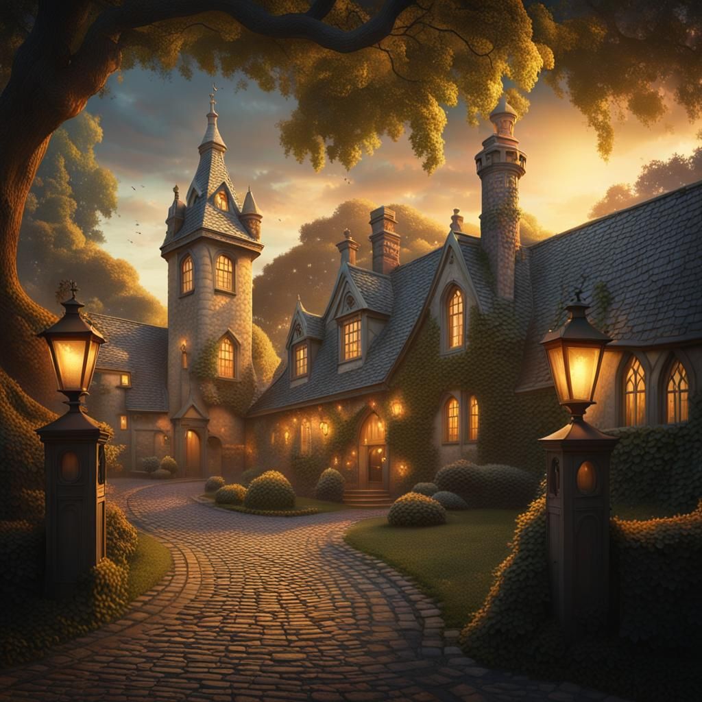 Gothic Victorian Cottages in Golden Hour Sunlight