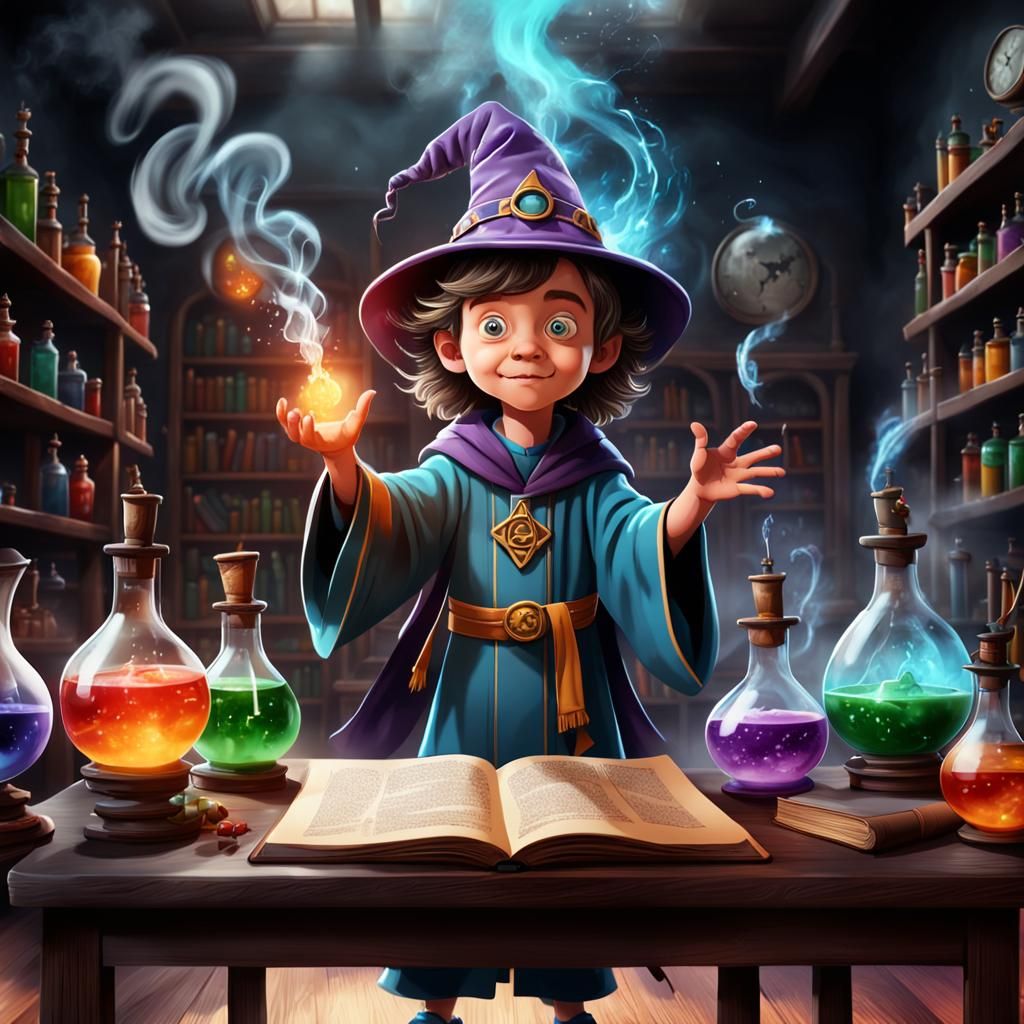 Cartoon Child Wizard Learning Magic Potions