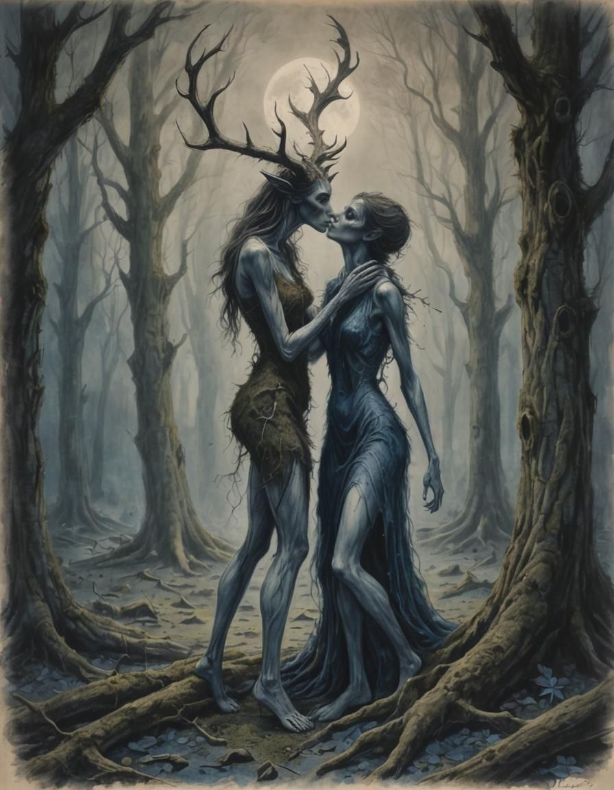 Passionate Wendigo Kiss in Moonlit Forest: Pencil Sketch