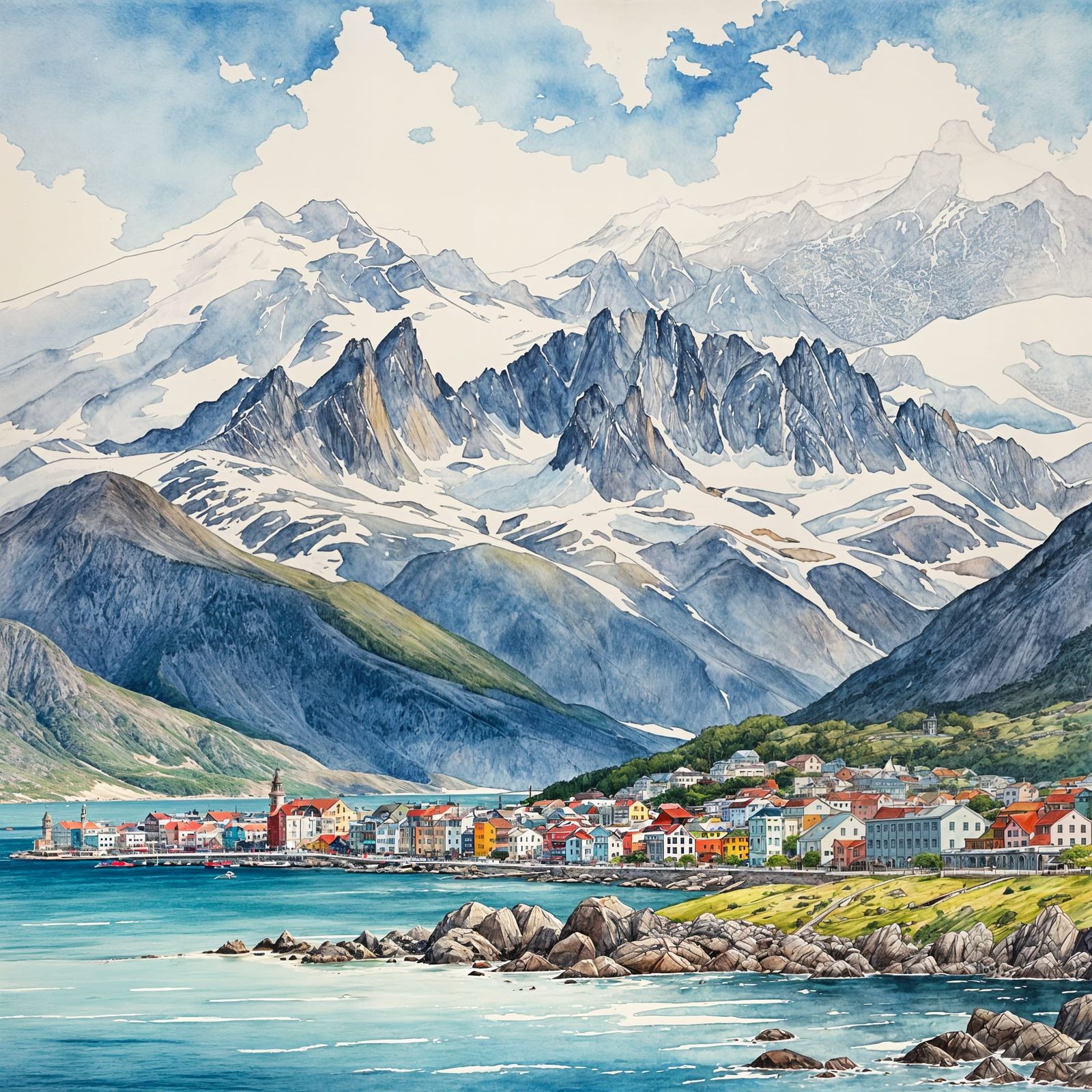 Ushuaia City Scene in Argentina, Watercolor Style