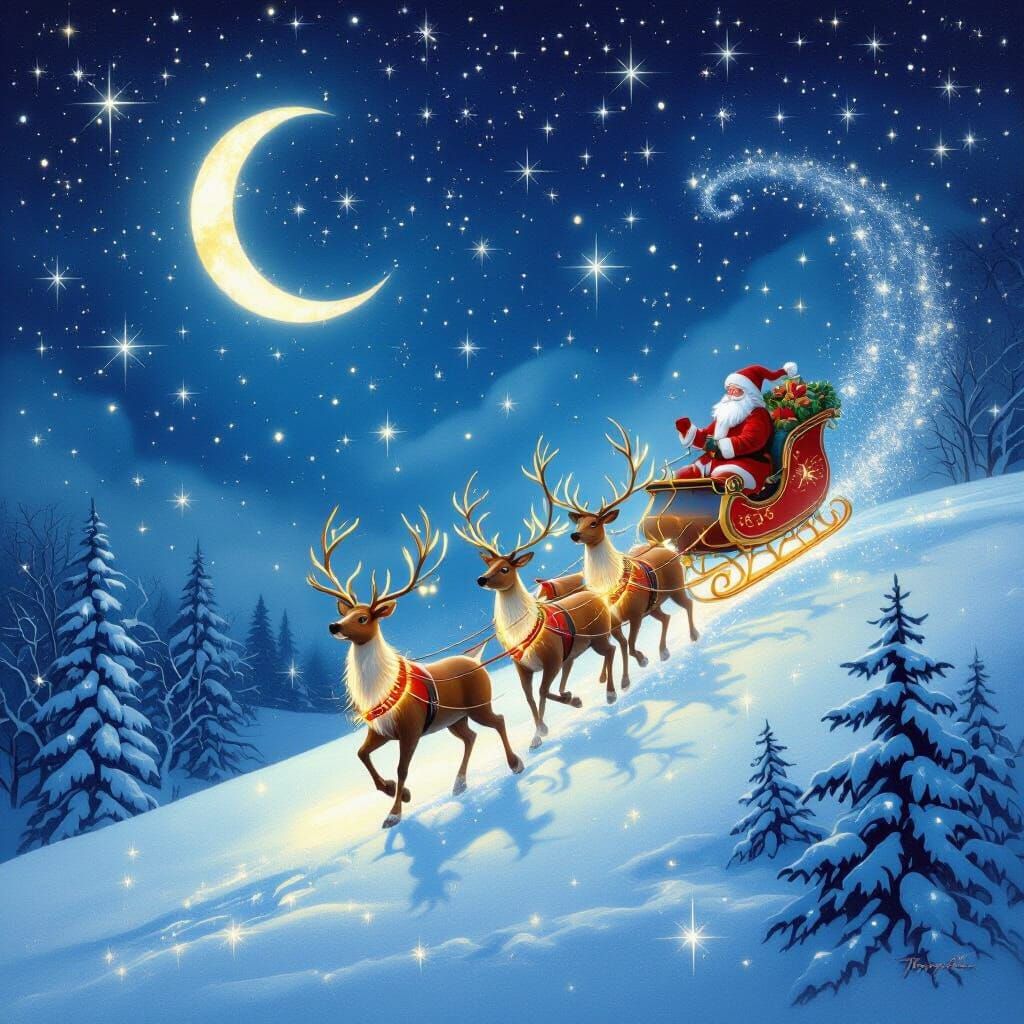 Santa's Sleigh Flies Through Ethereal Snowy Night Sky