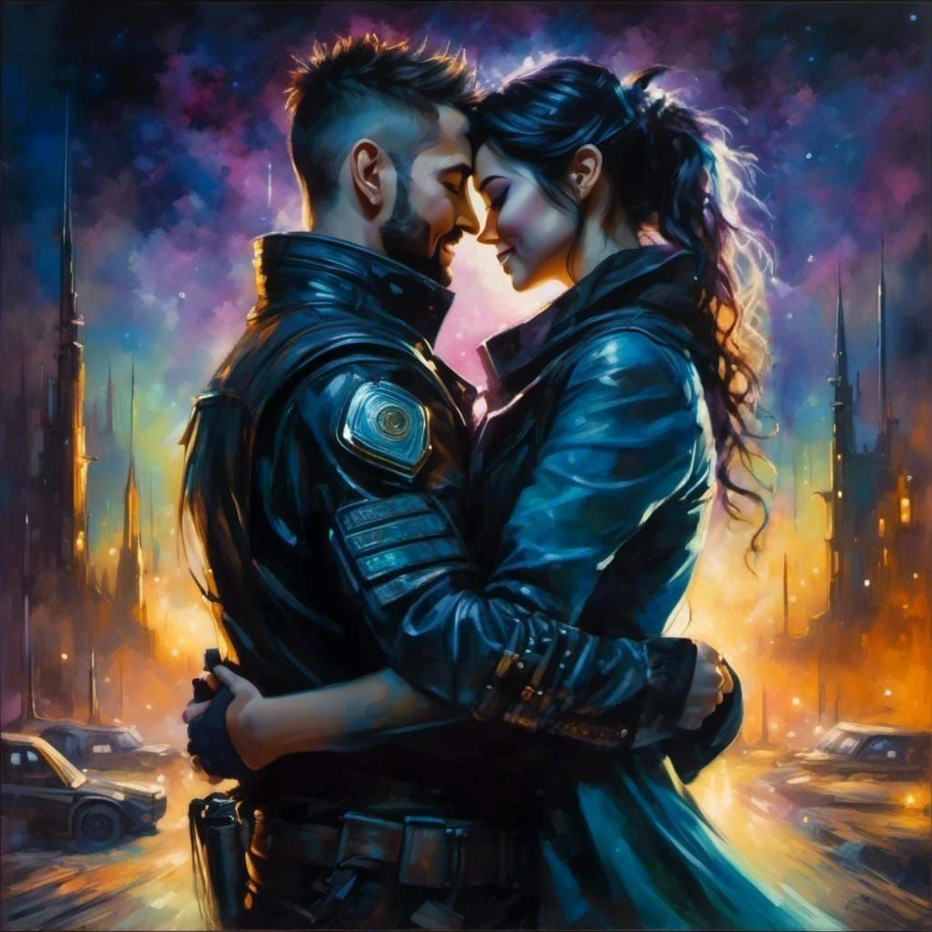 Cybernetic Embrace in Dystopian Night