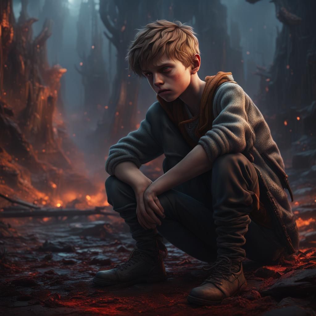 Sad Boy in Pain: Detailed Matte Painting