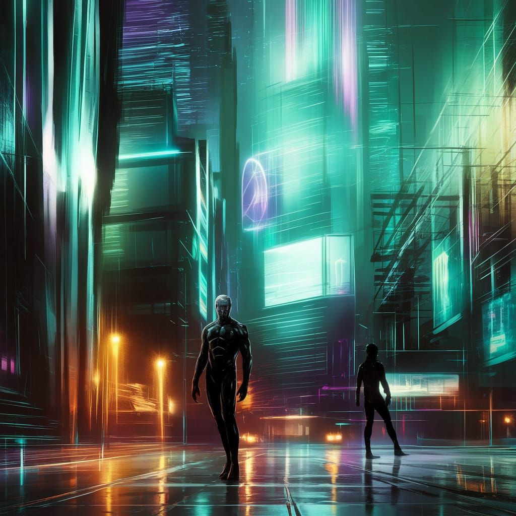 Neon-Lit Cyberpunk Cityscape in Vibrant Electric Blues and P...