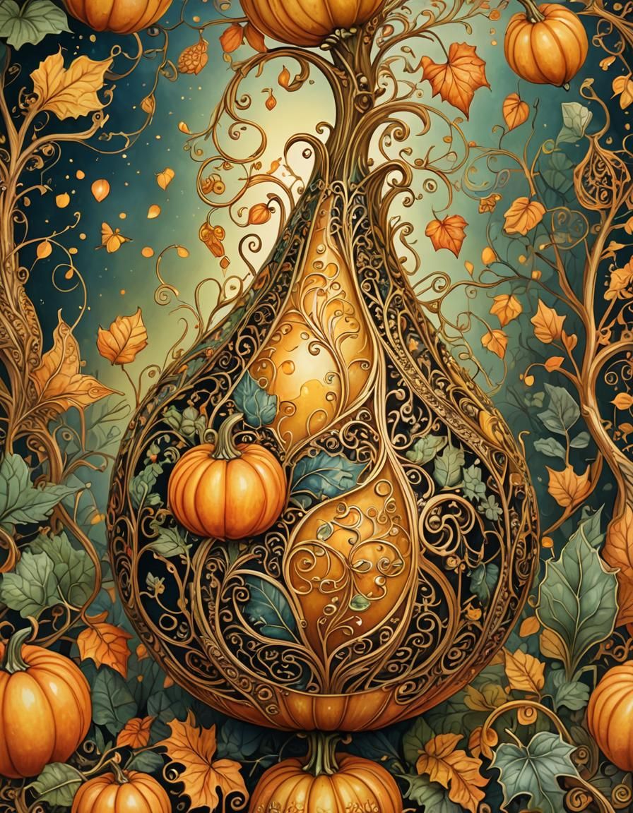 Surreal Autumn Gourd Portrait in Whimsical Forest