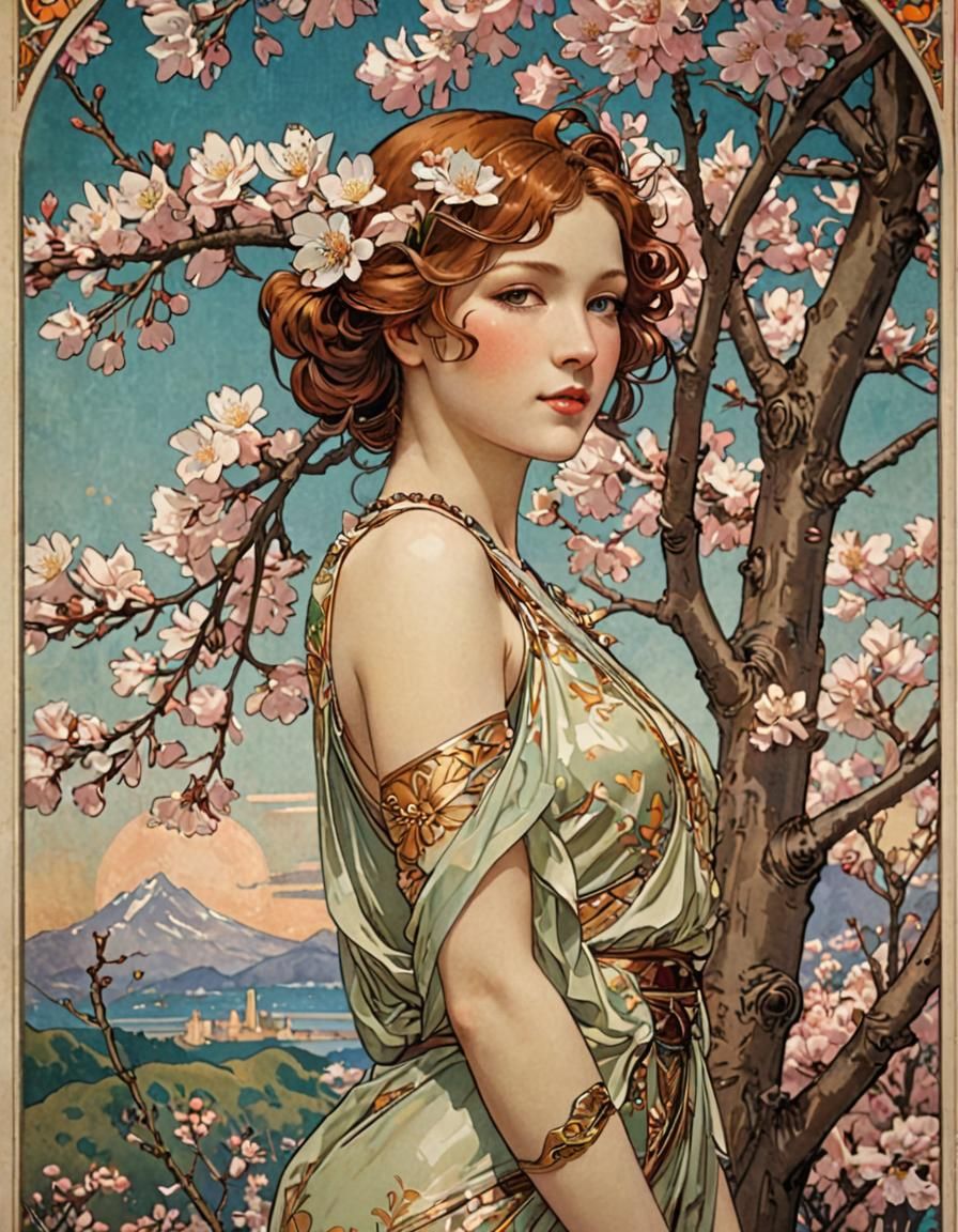 Art Deco Cherry Blossom Poster in Mucha Style