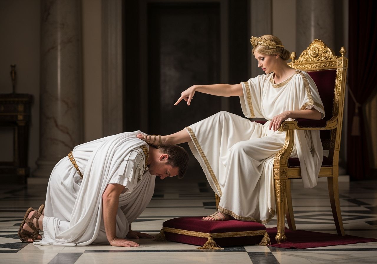 Empress Dominance: Roman Senator Kneels Before Golden Throne