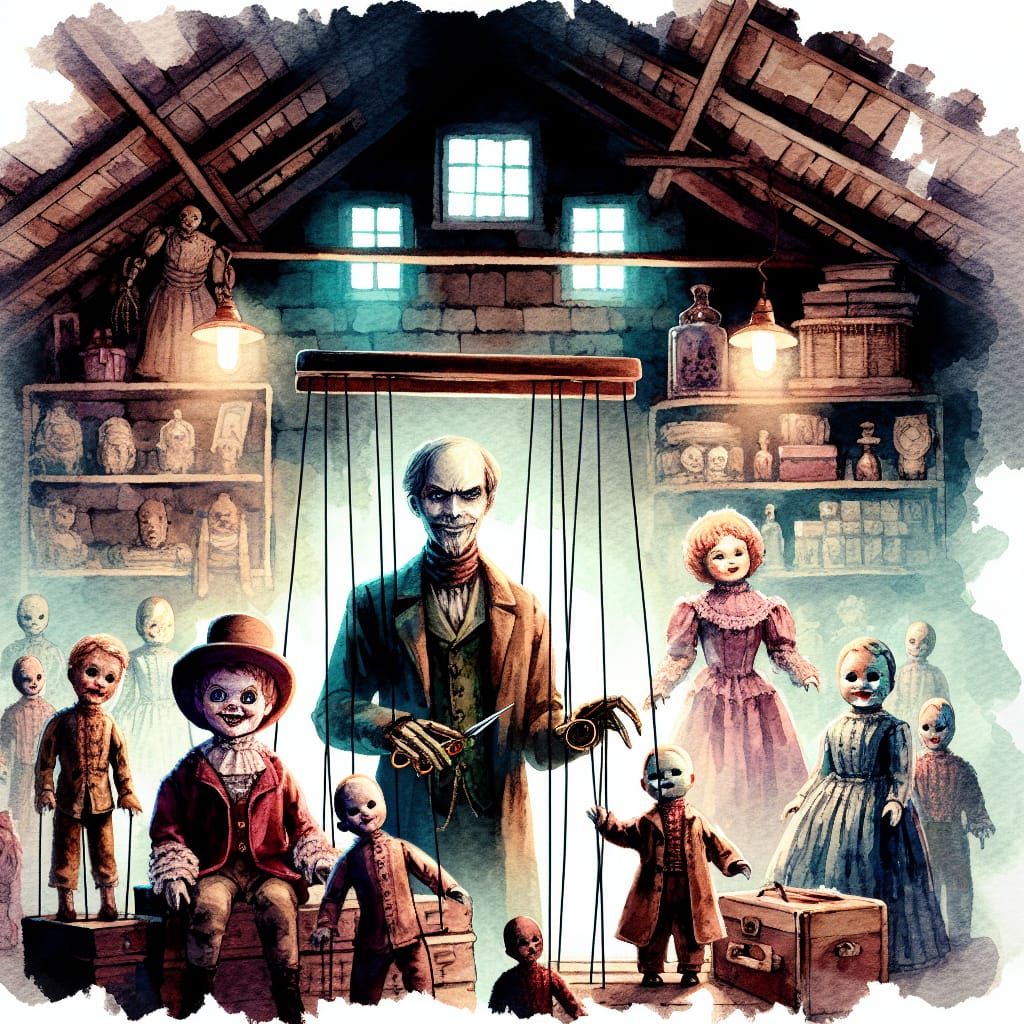 Terrifying Porcelain Puppet Master in Watercolor Style