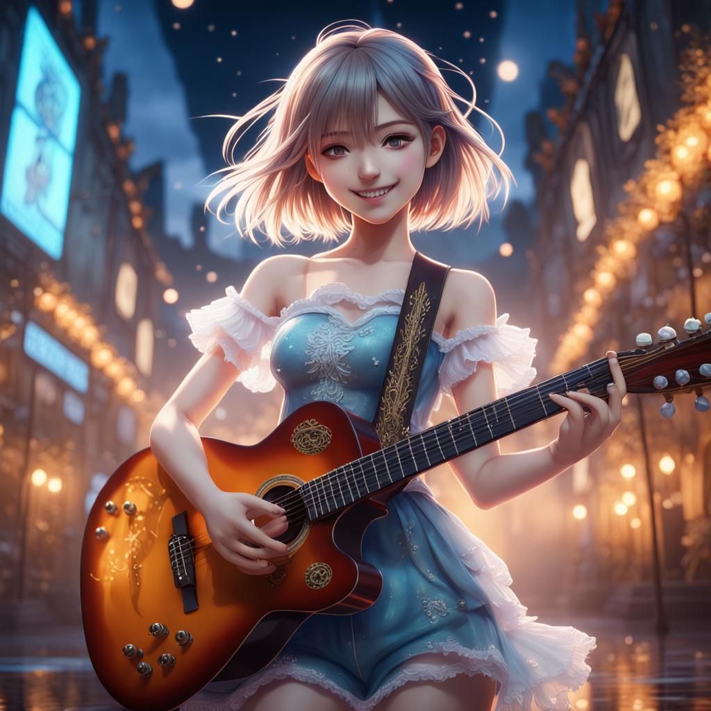 Anime Girl with Guitar in Dreamlike Setting