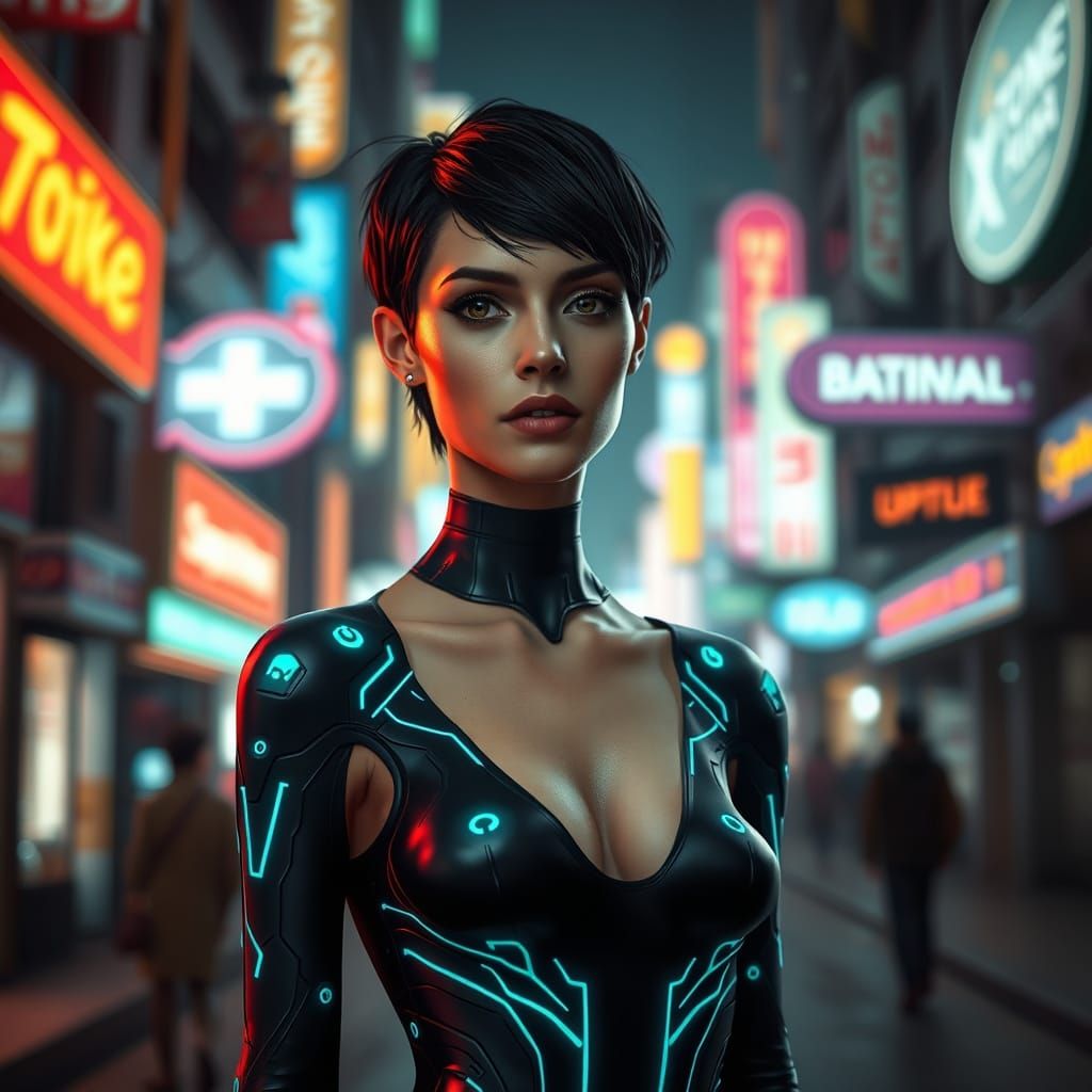 Cybernetic Woman in Neon Cityscape, Hyperrealistic Digital A...