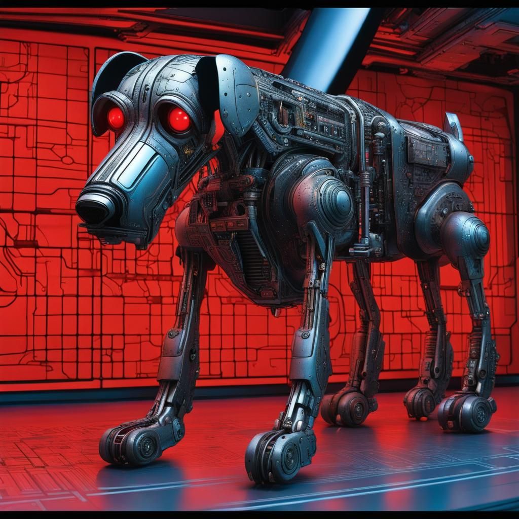 Cyberpunk Robot Dog in Spacecraft Interior