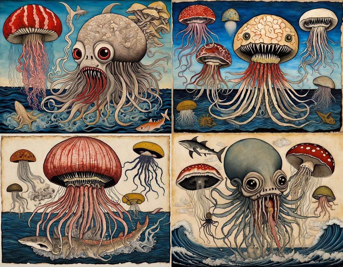 Winged Jellyfish Shark: A Hokusai-Inspired Mutant