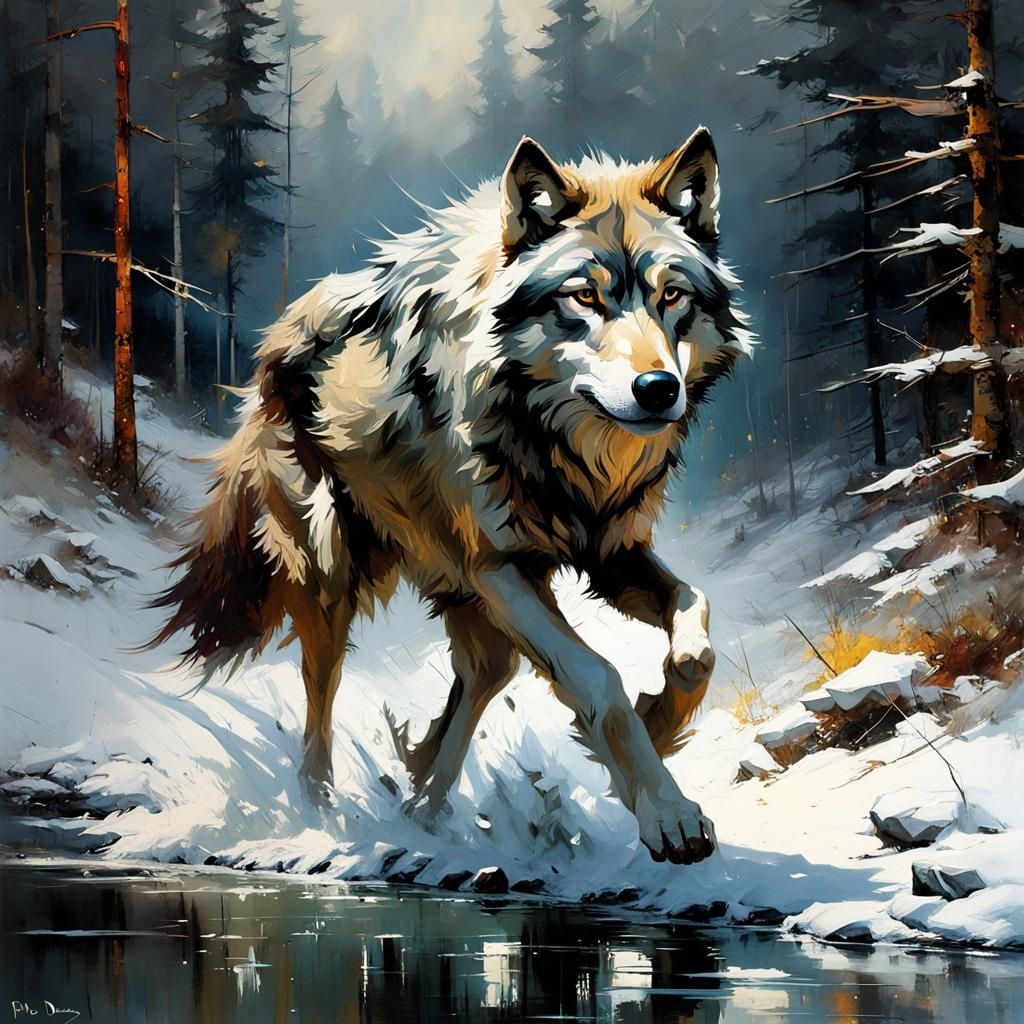 Gray Wolf Running Through Snowy Forest, Matte Painting