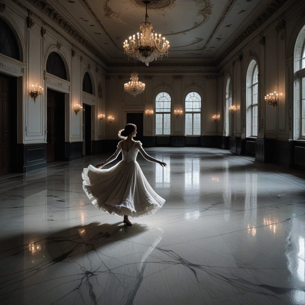 Ethereal Ballroom Dancer Captured in Faint Moonlit Glow