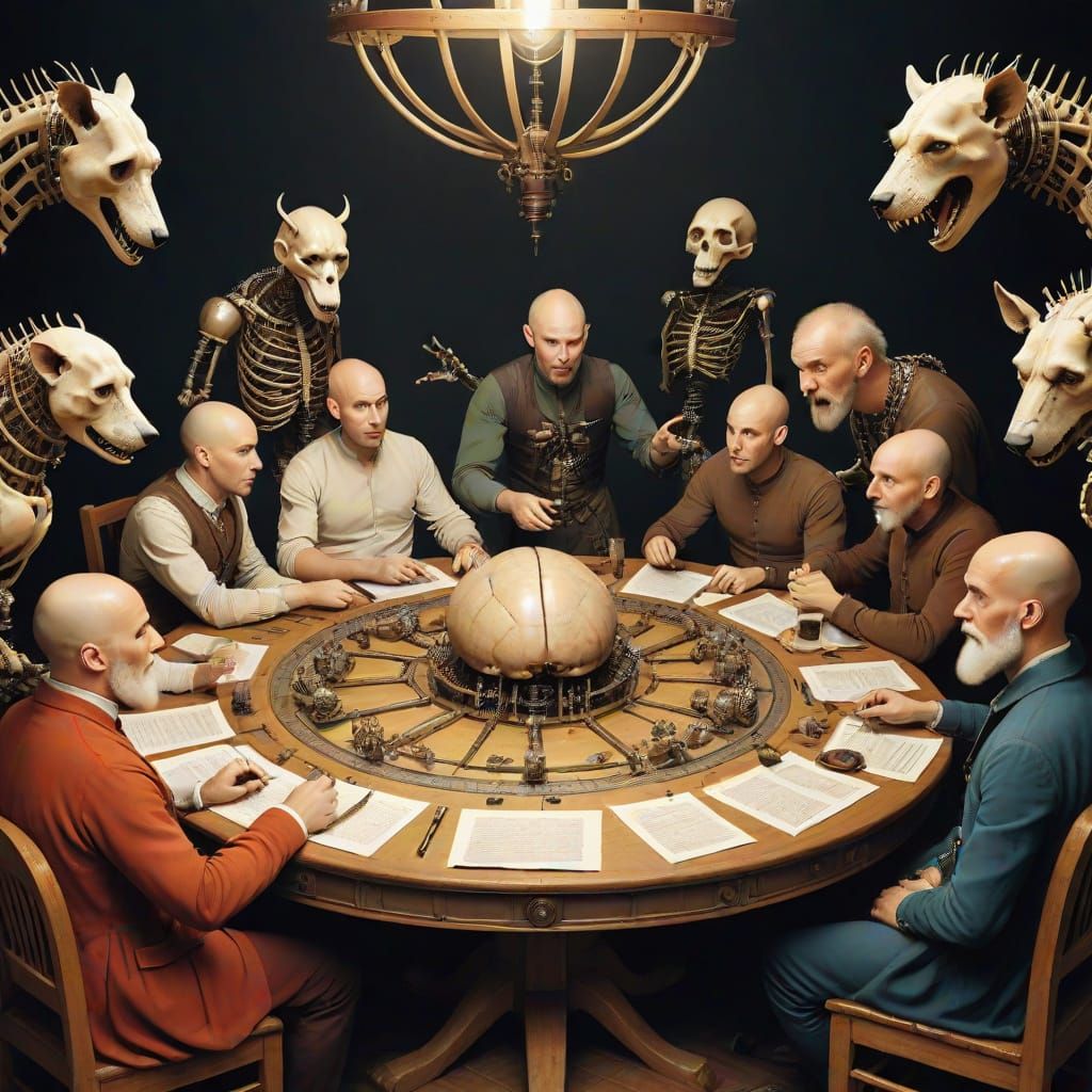 Gaunt Men Discussing Wild Animals, Mechanical Drawing Style