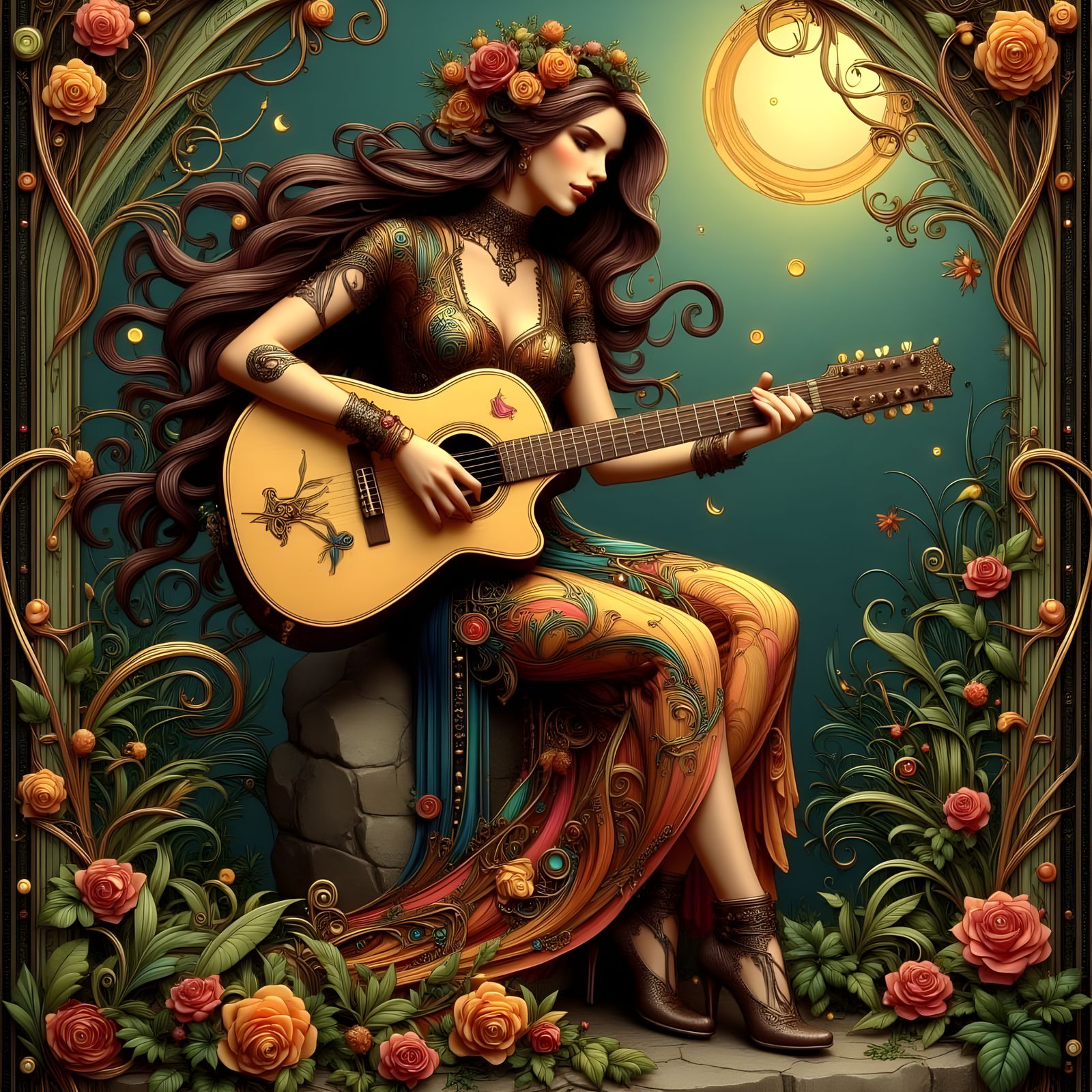 Woman Playing Guitar in Enchanted Forest, Klimt Style