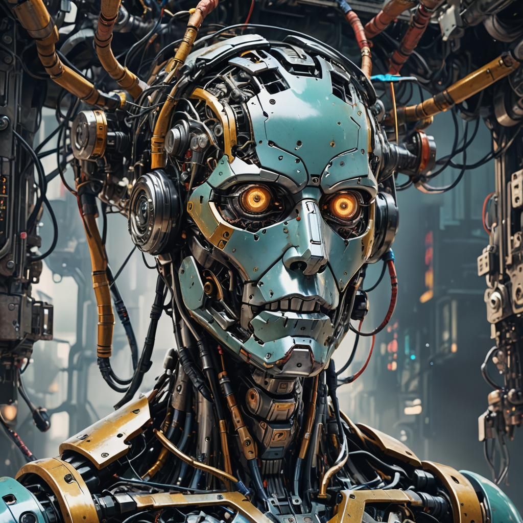 Colorful Half-Human Robot in Anime Style