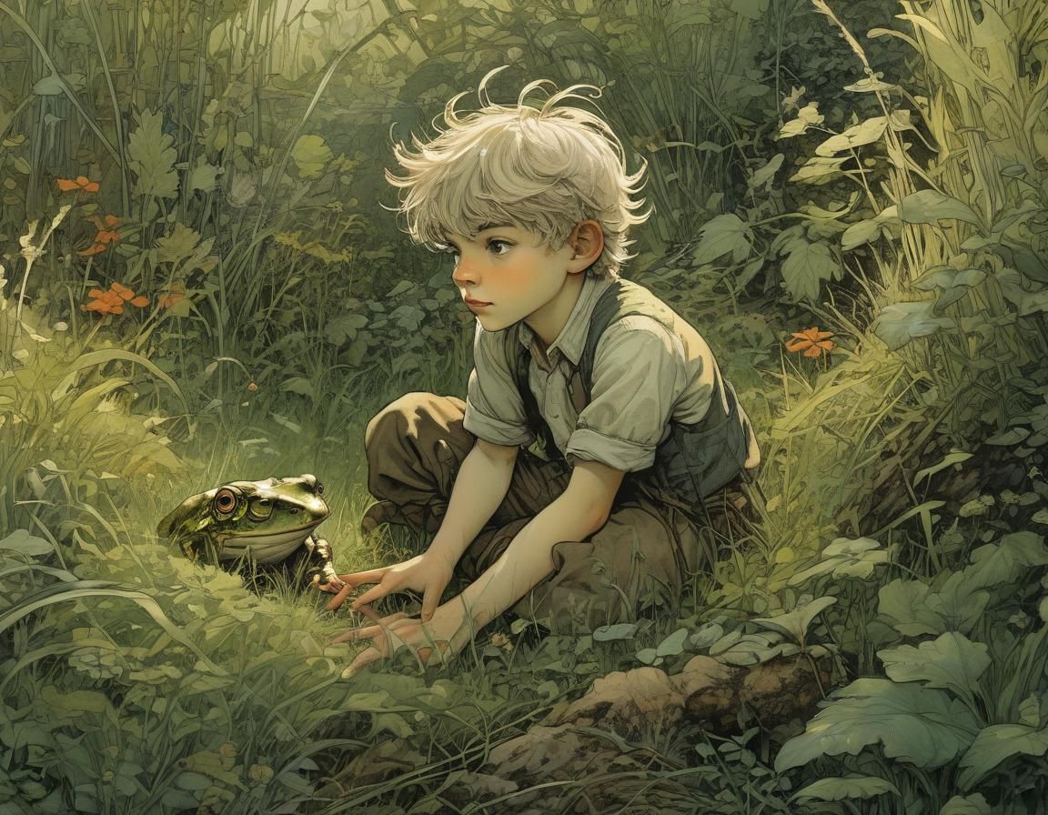 Boy and Frog in Grassy Field: Golden Age Illustration