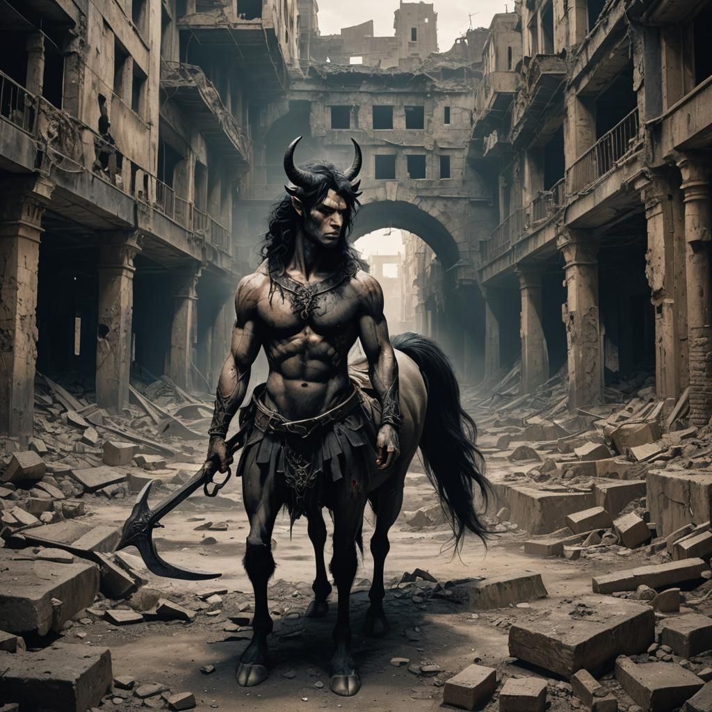 Male Centaur Warlord in Dilapidated City