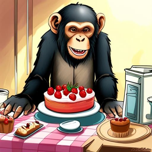 Chimpanzee Baking Cake in Anime Style