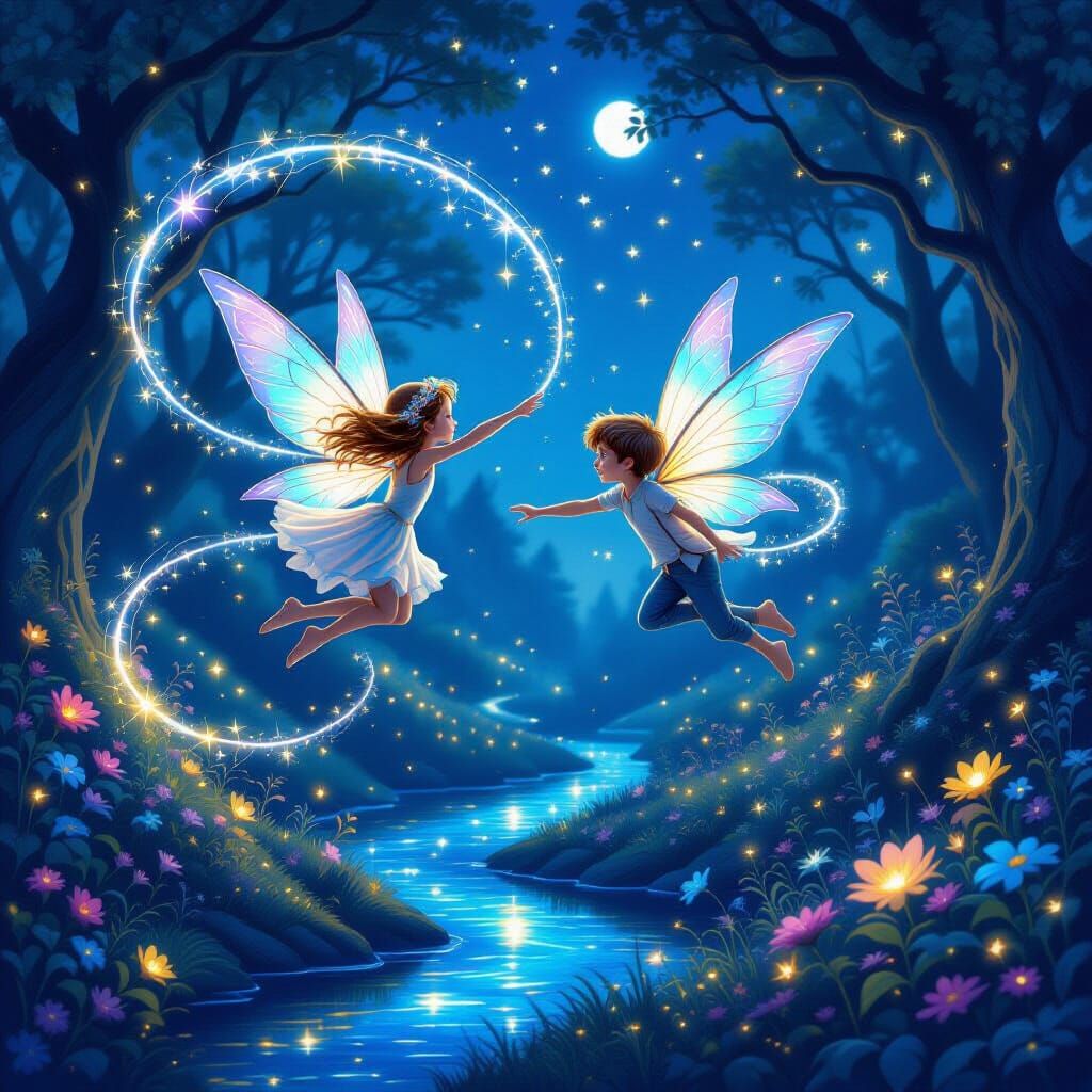 Fairy Children Soaring in Magical Twilight Grove