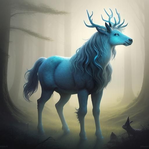Mystical Stag with Blue Hooves in Ethereal Forest