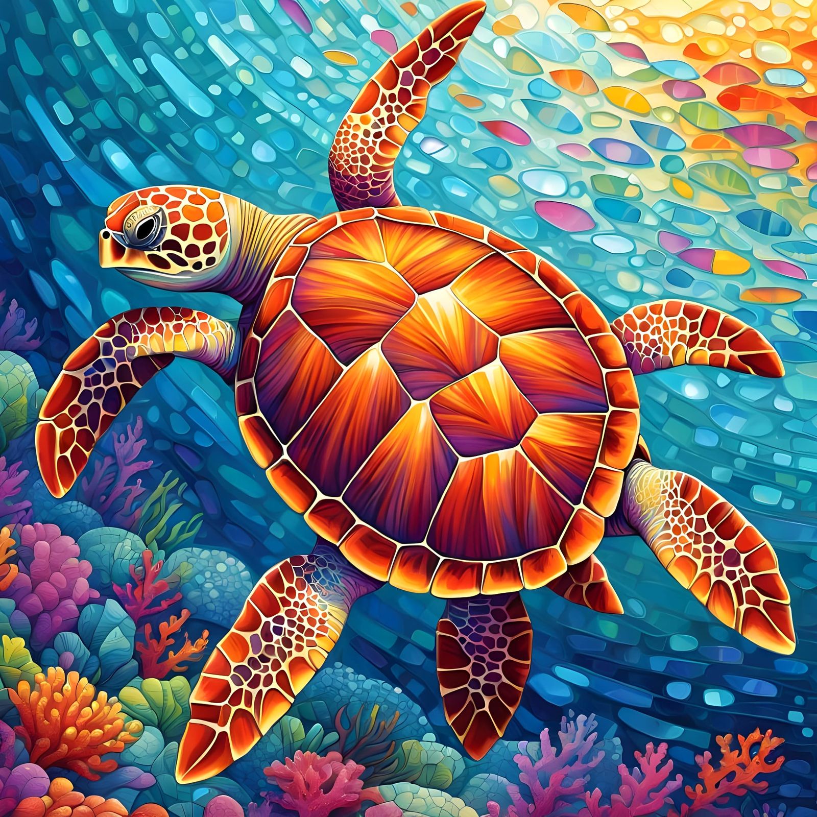 Vibrant Pointillism Style Sea Turtle in Underwater Shimmer