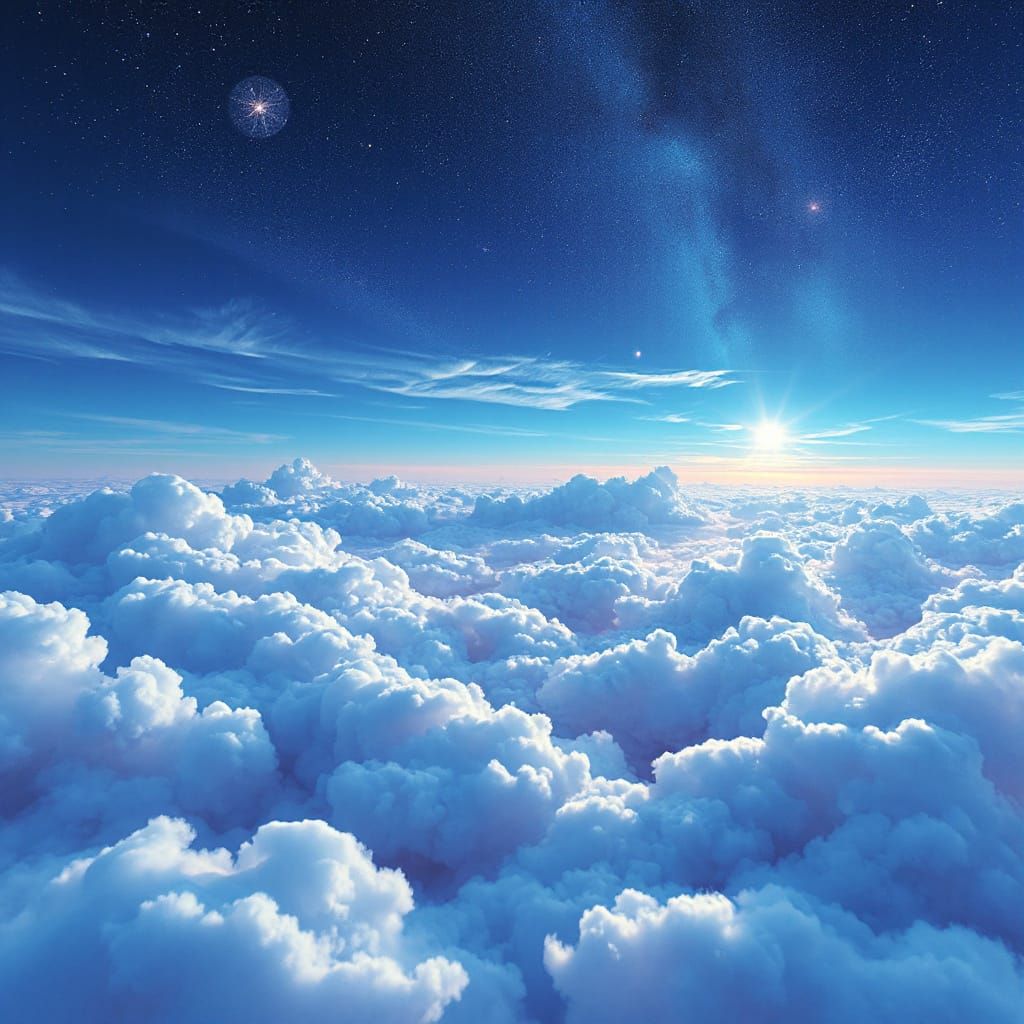 Ethereal Azure Dreamscape with Swirling Clouds and Stardust