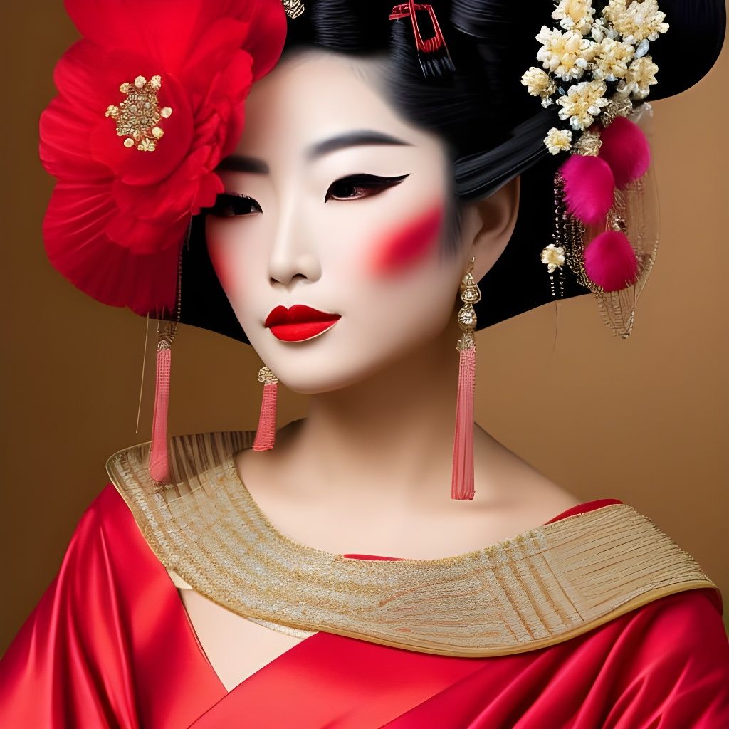 Japanese Geisha Portrait with Red Silk Robe