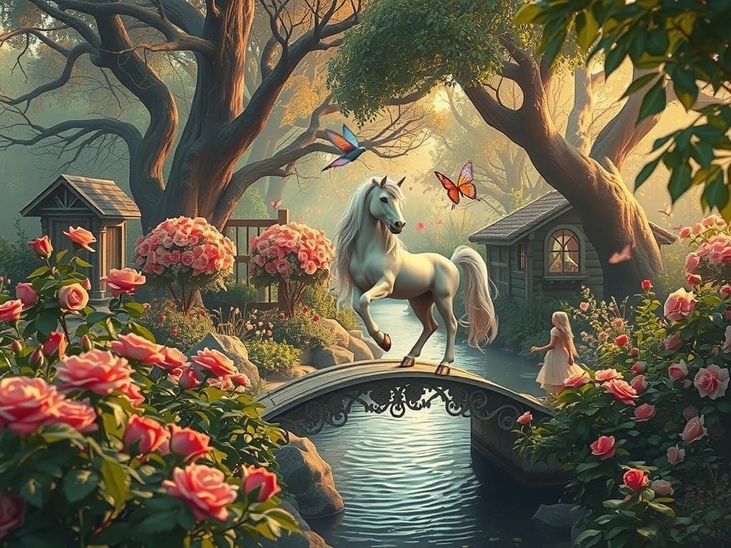 Whimsical Enchanted Garden Scene with Blue Garden House and ...