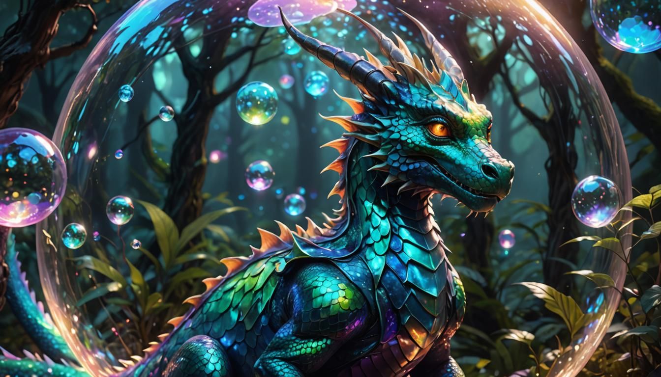 Holographic Dragoness Contemplates Futuristic Miniature Fore...