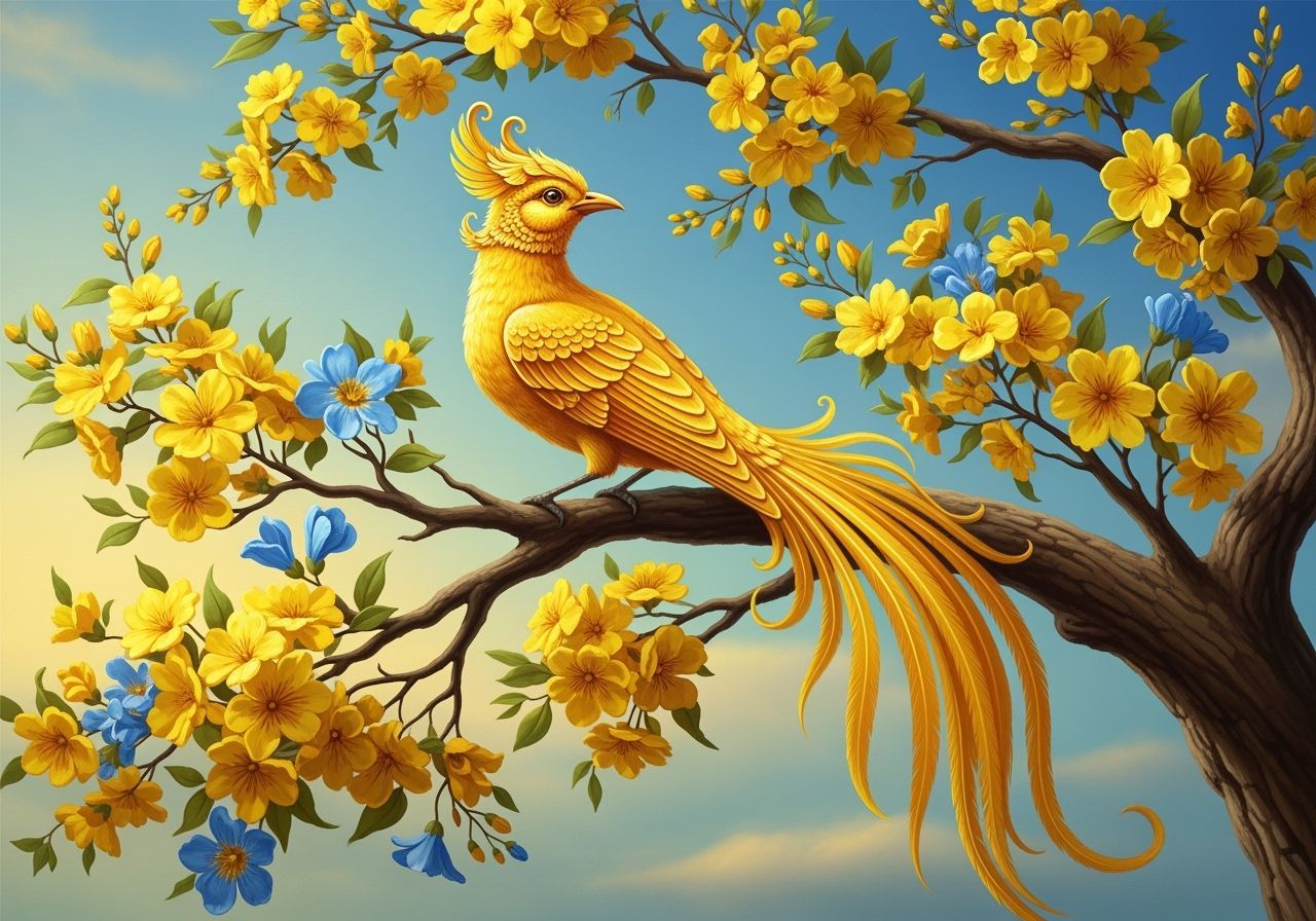 Ornate Yellow Bird on Flowering Branch