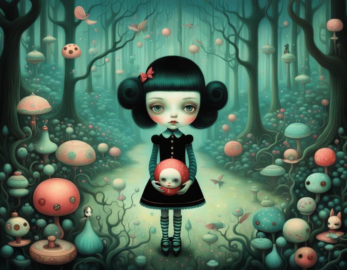 Whimsical Girl in Enchanted Forest: Surreal Digital Art