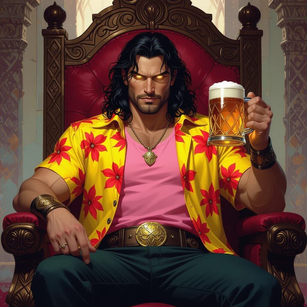 Thor in Hawaiian Shirt on Ornate Throne