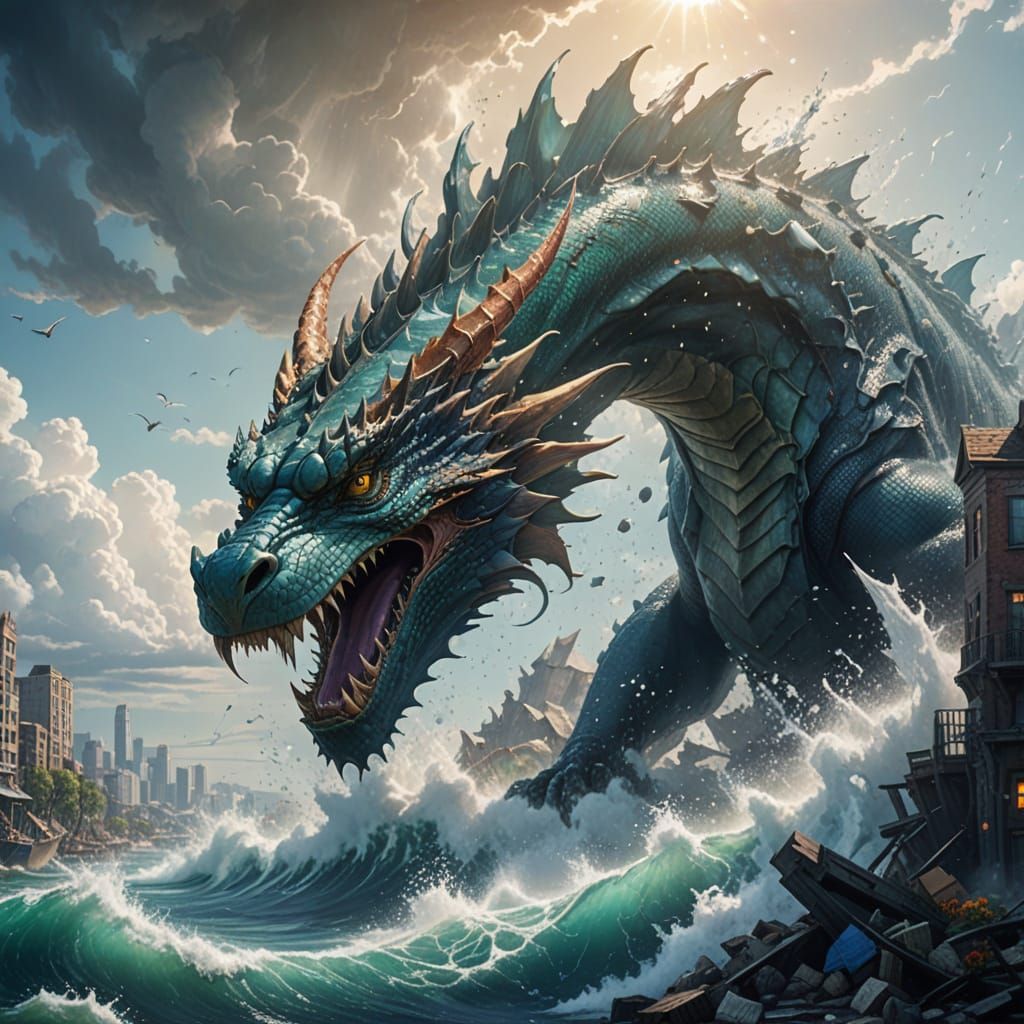 Epic Water Dragon Devastates Coastal City in Dramatic Fantas...