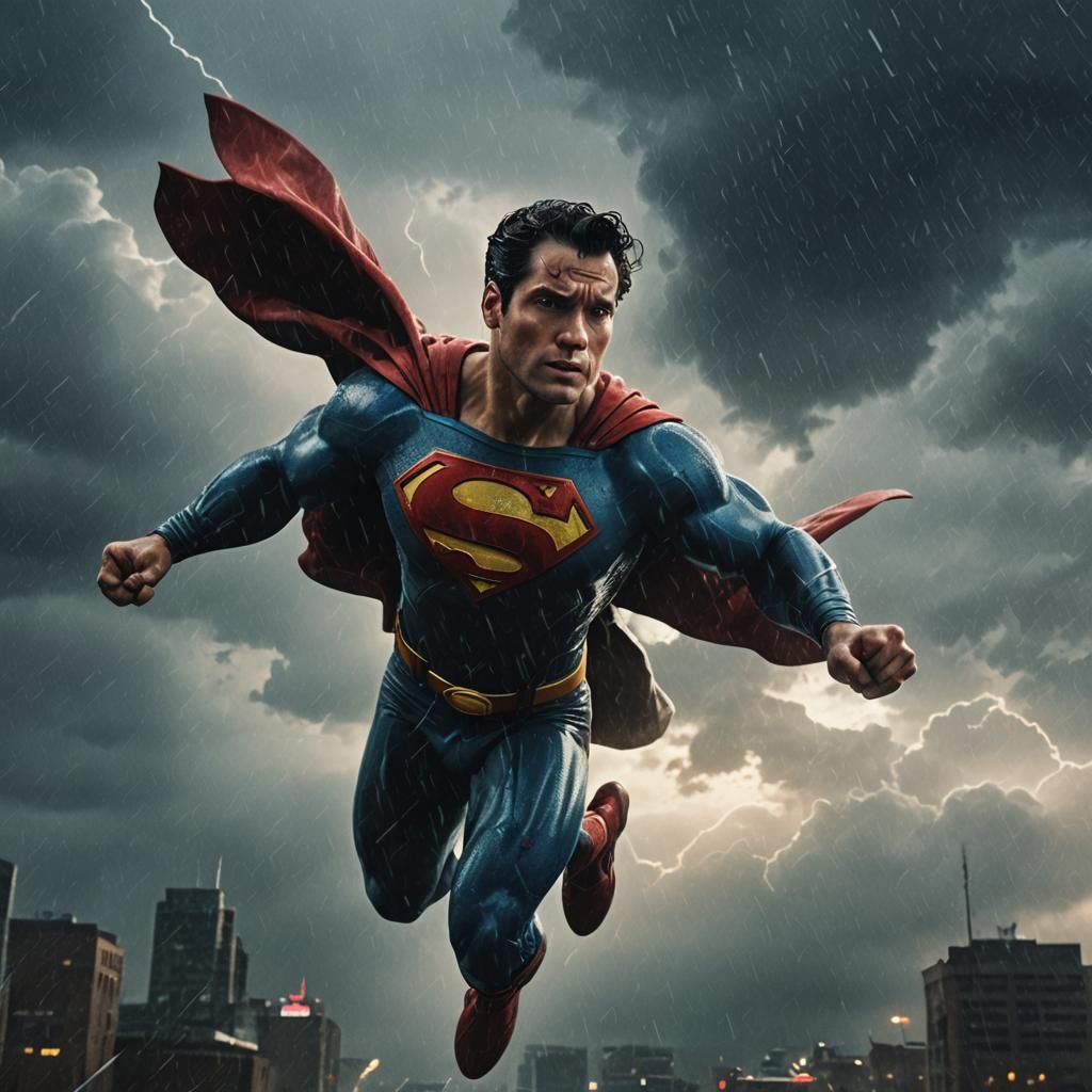 Superman Soaring Through Stormy Neon Metropolis