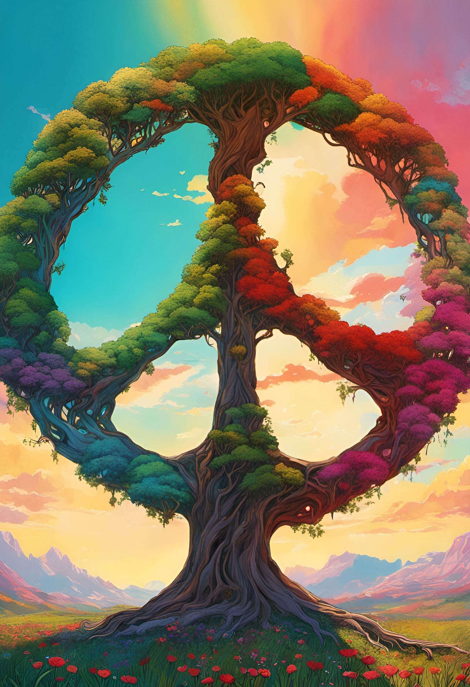 Peace Sign Tree in Romantic Landscape