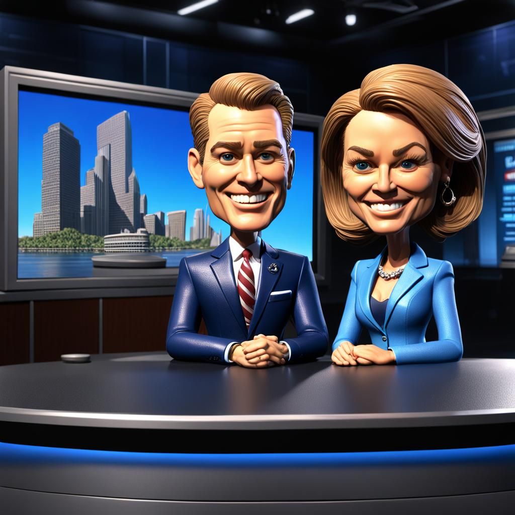 Ditzy Bobblehead Newscasters in Hyperdetailed Fantasy Art