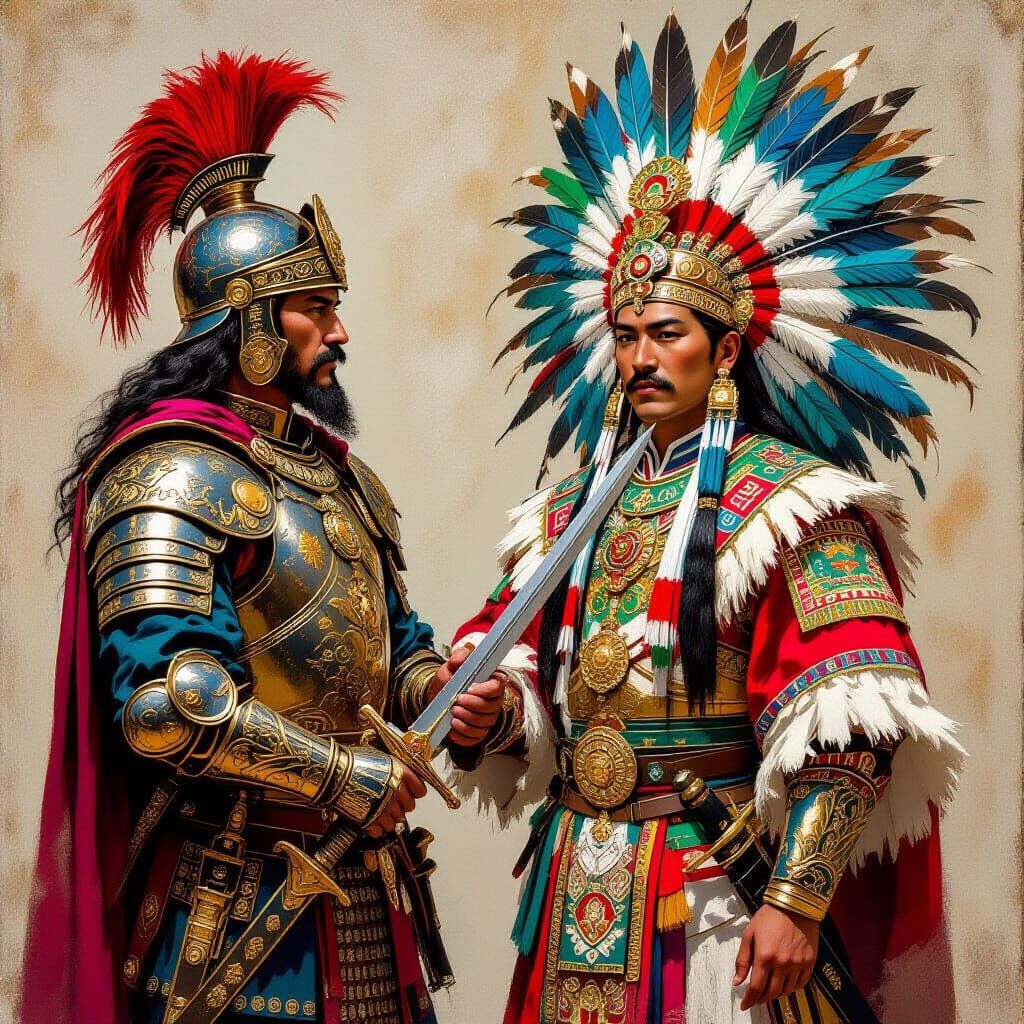 Conquistador Meets Aztec Ruler in Velazquez Style