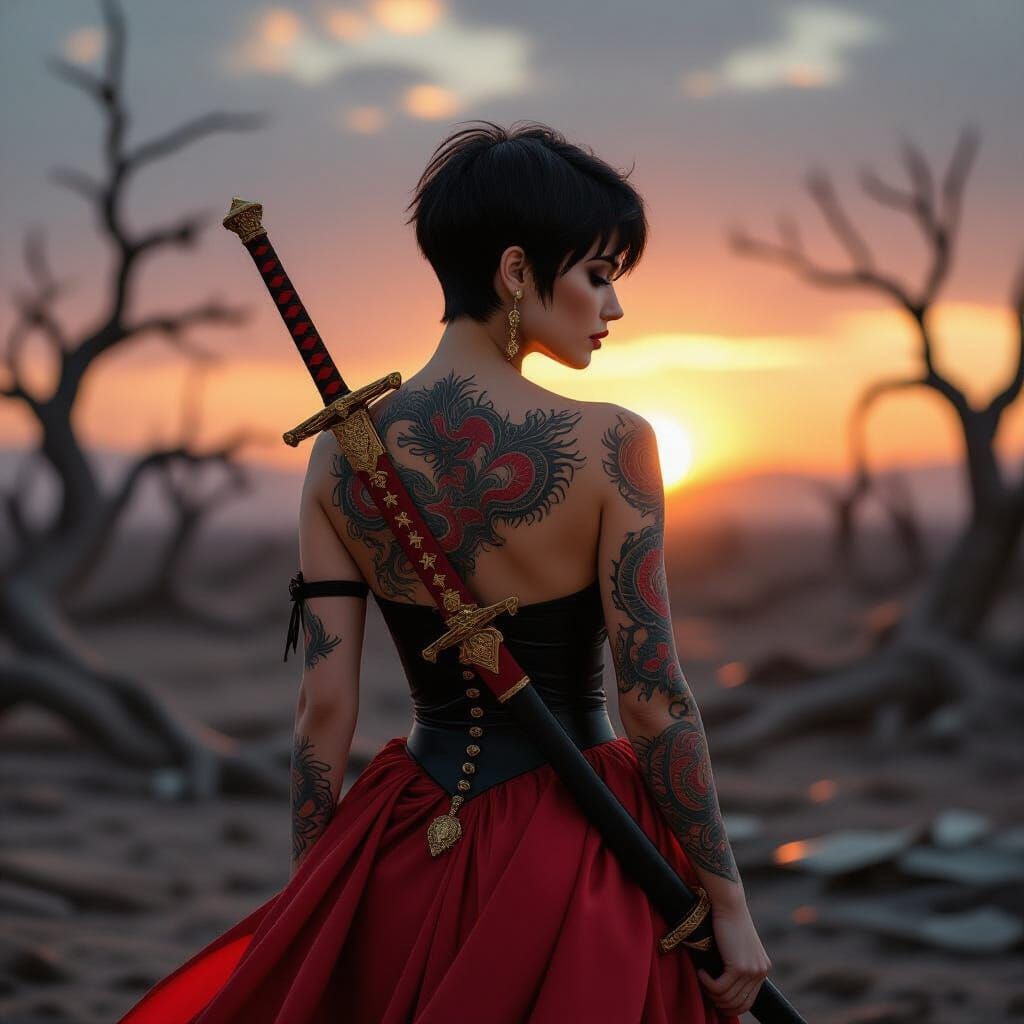 Woman with Dragon Tattoo in Post-Apocalyptic Sunset
