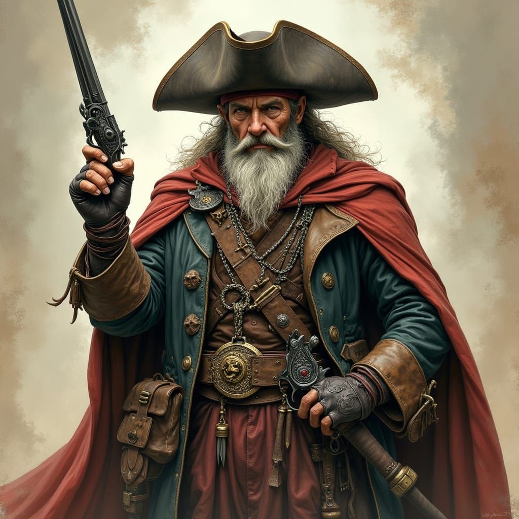 Triton Pirate Warlock with Flintlocks, Dark Fantasy Art