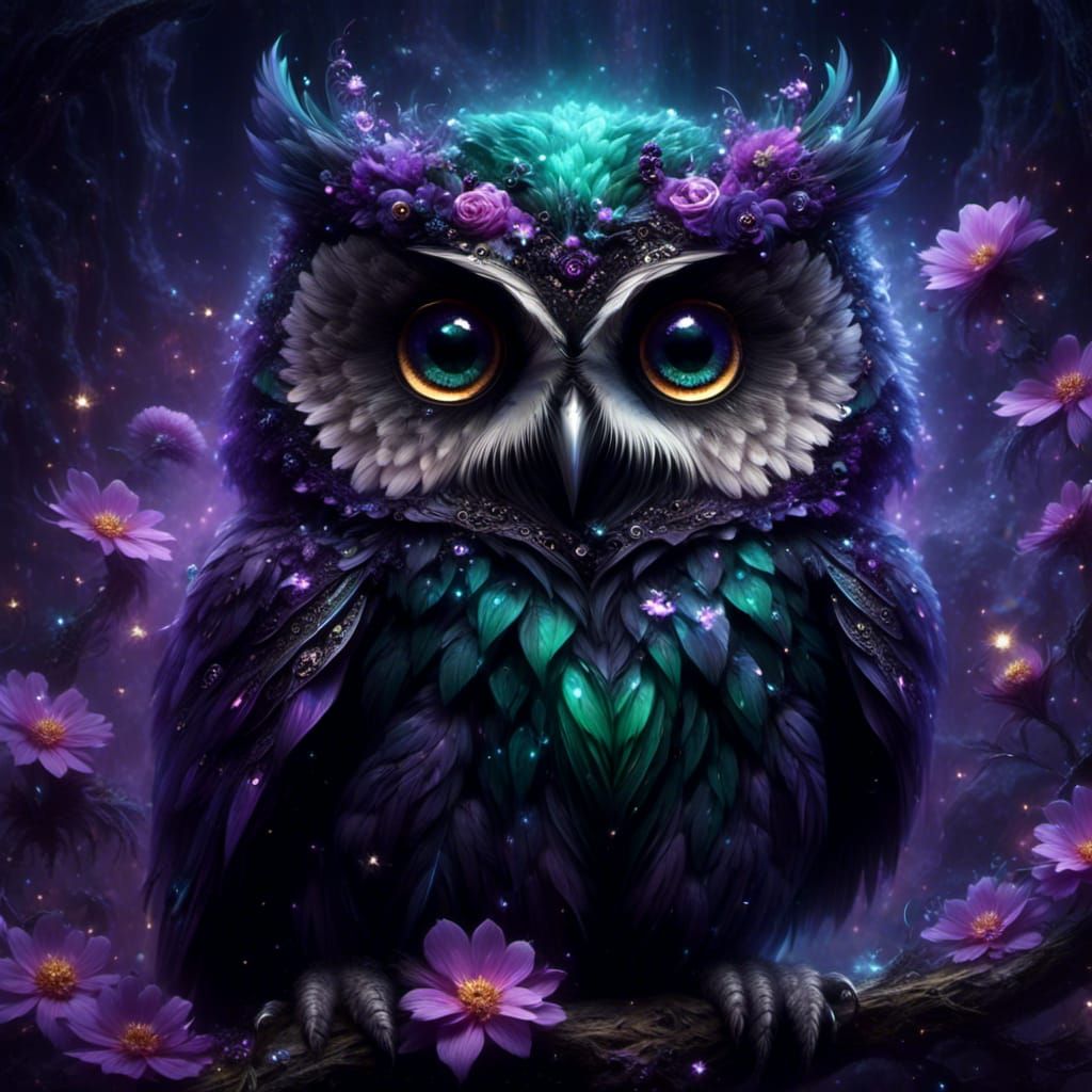 Mystic Baby Owl in Starry Night Landscape