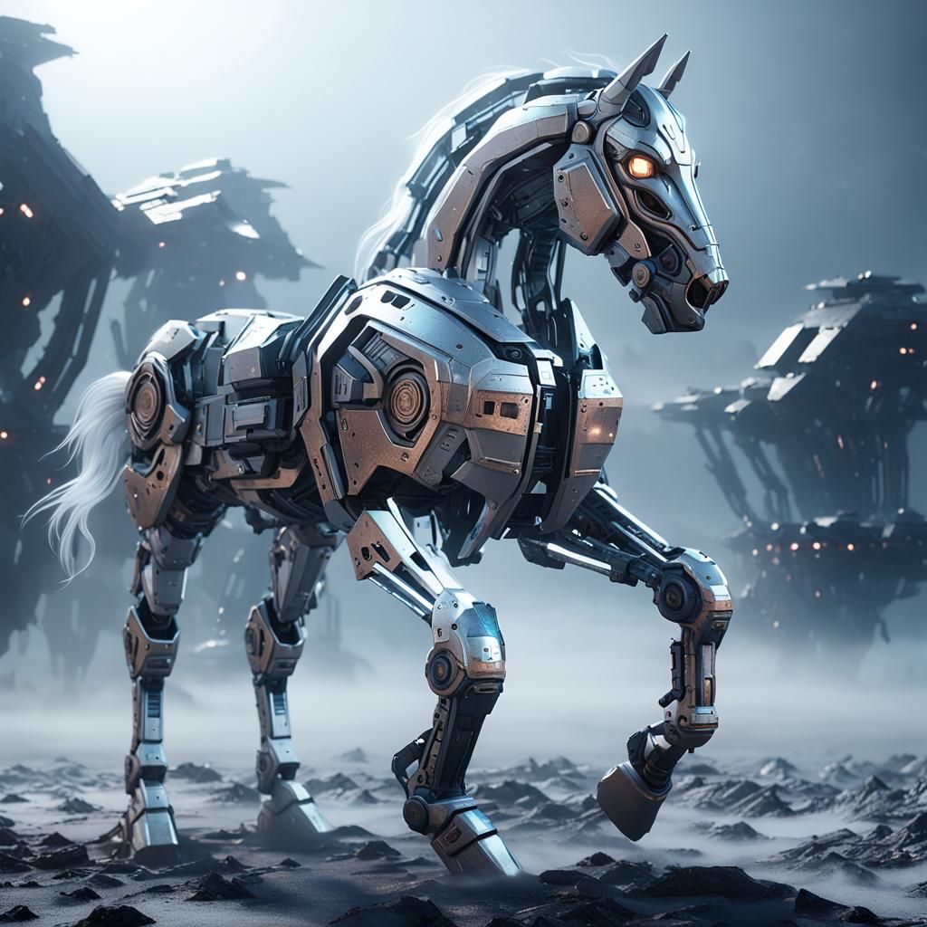 Metallic Horse in Galaxy with Smoke and Fog