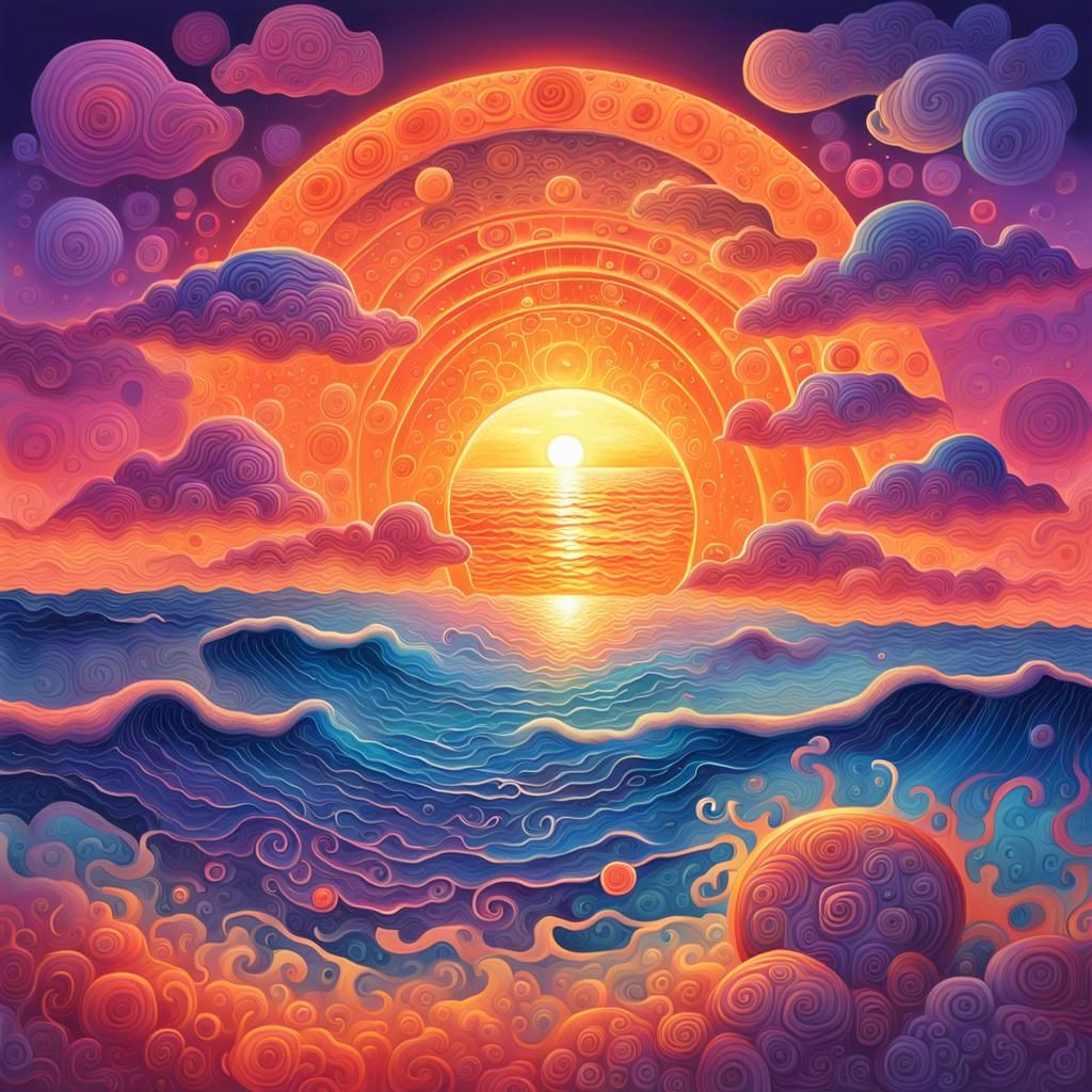 Cosmic Sun Setting Over Ocean: Surreal Illustration