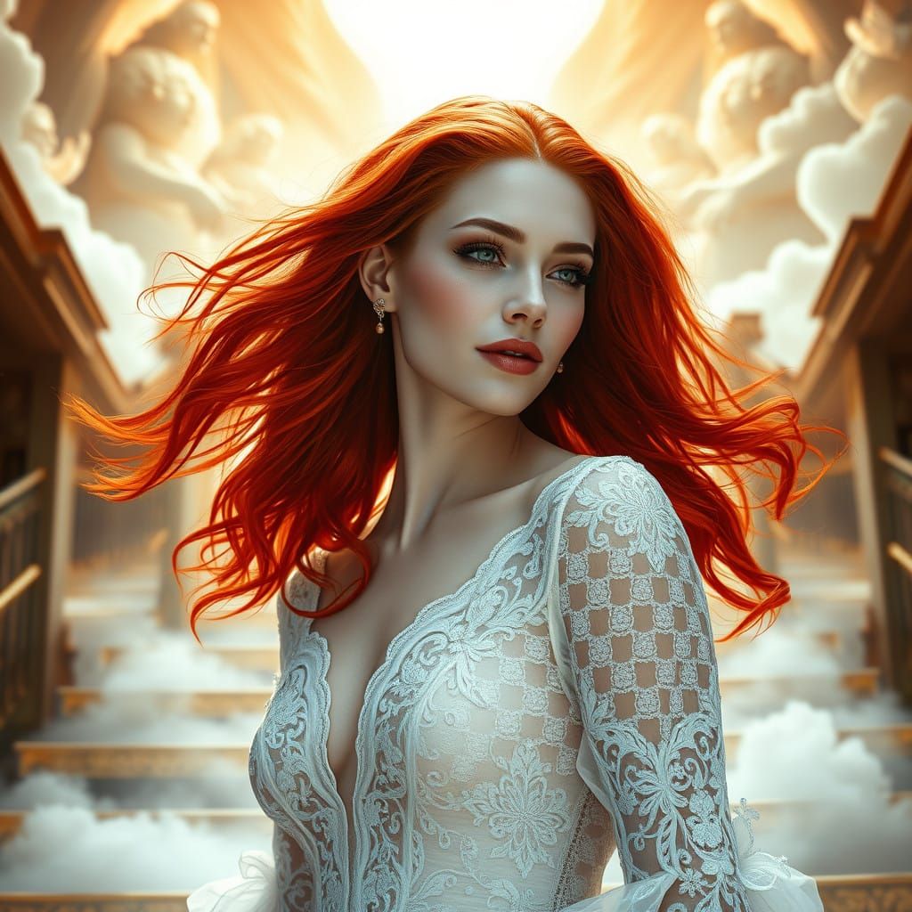Ethereal Woman on Golden Stairways to Heaven