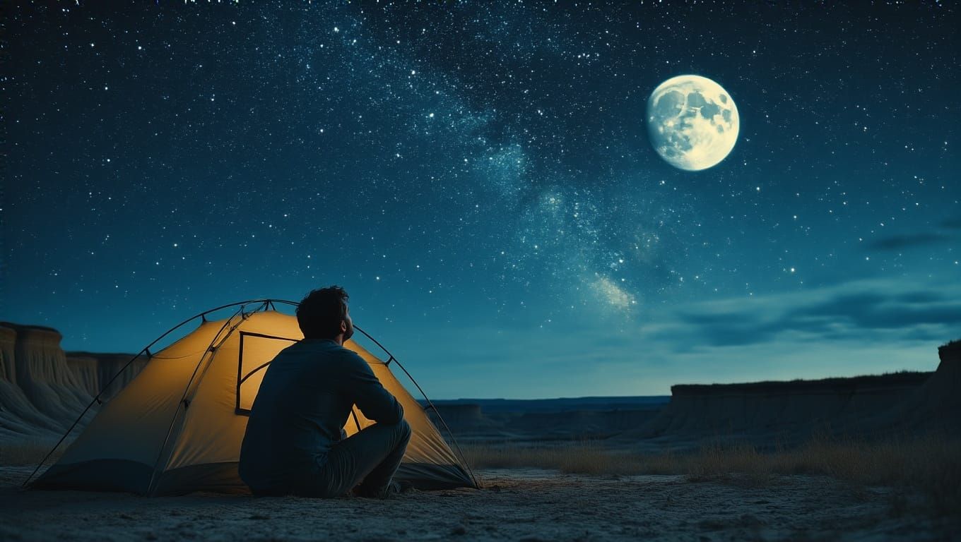 Man Gazing at Ringed Moon Over Badlands